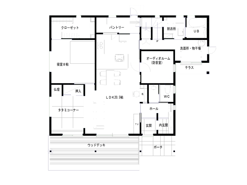 齋藤住建 【群馬県/2900万円/間取り図有】地中熱を活用した1年中過ごしやすい住まい。趣味の音楽や読書を楽しむ毎日の間取り図（3LDK+防音壁）1階