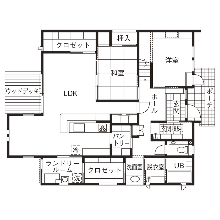 齋藤住建 【太田市/3200万円/間取り図有】ランドリースペースで家事ラクを実現×収納充実×家族とBBQも楽しめる家の間取り図（4LDK）1階