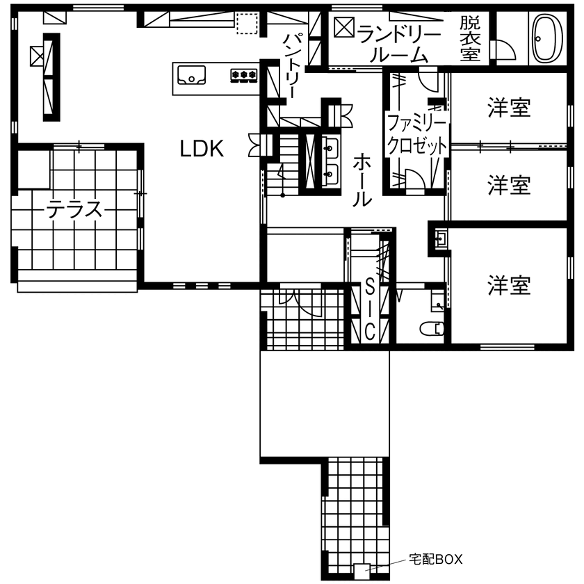 『高気密・高断熱の家』日本住宅ツーバイ 【二世帯住宅/5LLDK/間取図有】三世代同居のプラン、ホテルライクな車寄せ、大型犬と暮らす回遊動線の間取り図（5LLDK）1階