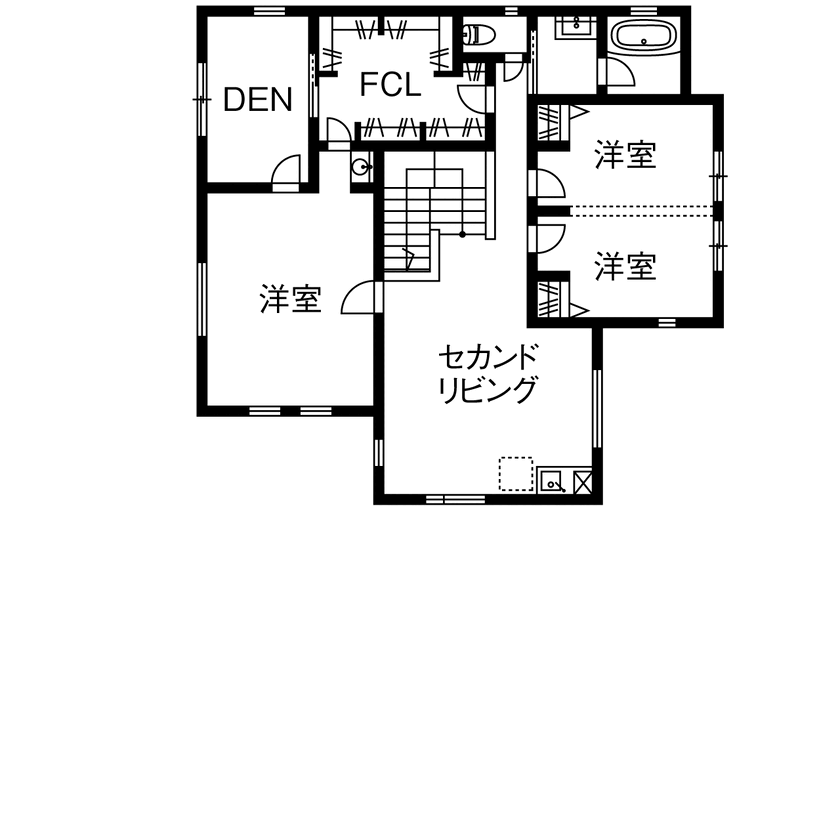 『高気密・高断熱の家』日本住宅ツーバイ 【二世帯住宅/5LLDK/間取図有】三世代同居のプラン、ホテルライクな車寄せ、大型犬と暮らす回遊動線の間取り図（5LLDK）2階