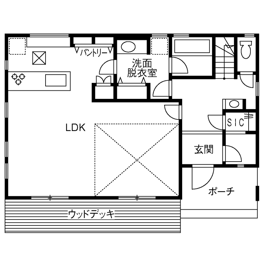 『高気密・高断熱の家』日本住宅ツーバイ 【2000万円台/ウッドデッキ/間取り図】キャットウォークのある吹き抜けリビング愛猫と暮らす片流れ屋根の家の間取り図（2LDK＋納戸）1階