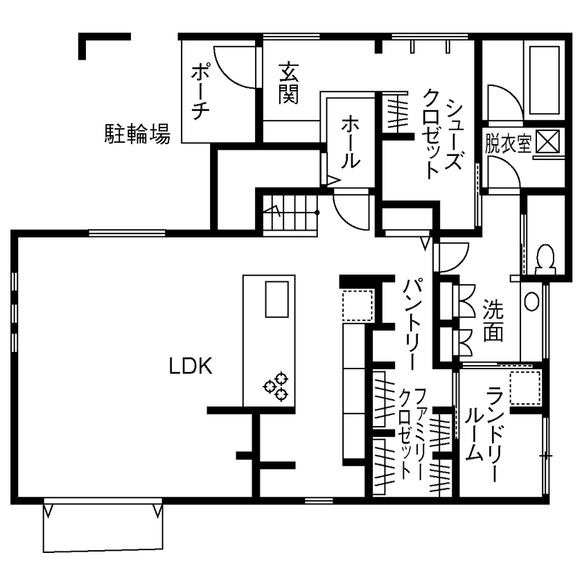 『高気密・高断熱の家』日本住宅ツーバイ 【3000万円台/延床50.3坪/ランドリールーム/間取り図】無駄のない動線と収納力が自慢のスタイリッシュな家の間取り図（4LDK）1階
