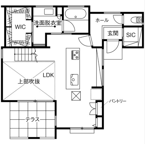 『高気密・高断熱の家』日本住宅ツーバイ 【延床27.5坪/吹き抜け/間取り図有】LDKとテラスを一体化、高台に建つ開放感のあるホテルライクな家の間取り図（3LDK）1階
