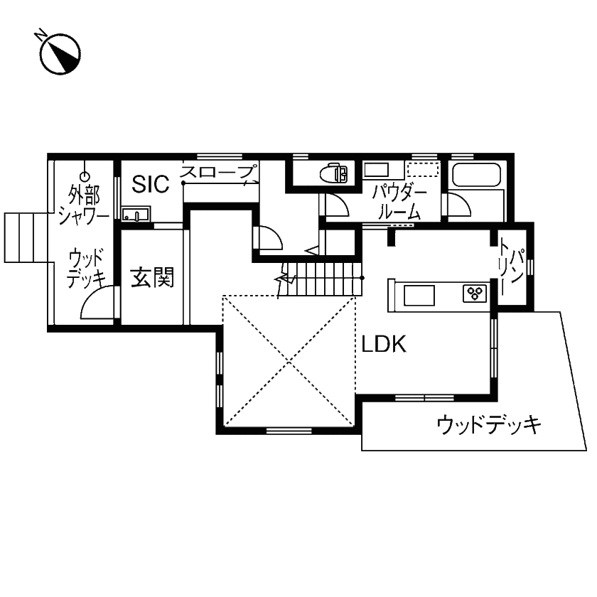『高気密・高断熱の家』日本住宅ツーバイ 【1階リビング／吹き抜け／外シャワー／間取図】海の近くで愛犬と快適に暮らす“ペットフレンドリーな家”の間取り図（3LDK+S）1階