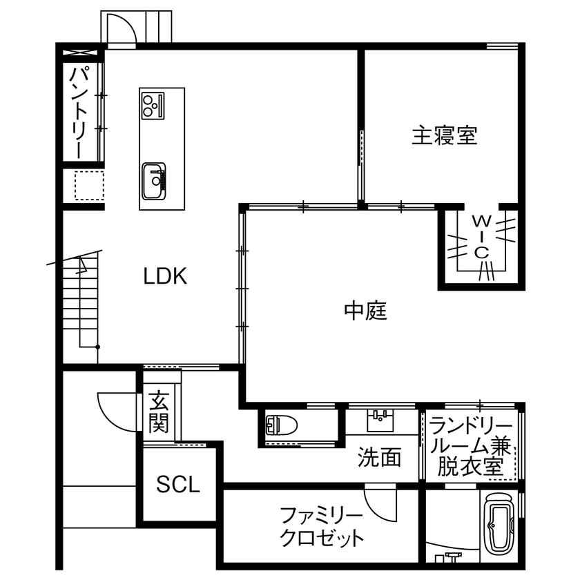 シンプルノート名古屋中区スタジオ／KanZEON 【2000万円台｜間取り図有｜コンパクト】プライベートな中庭を囲むコの字型。平屋のように暮らせる2階建ての間取り図（3LDK）1階