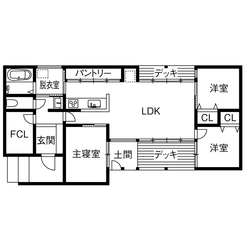シンプルノート名古屋中区スタジオ／KanZEON 【1000万円台｜間取り図有｜平屋｜20坪台】南北のデッキから光と風が抜ける、コの字型のコンパクトな平屋の間取り図（3LDK）1階