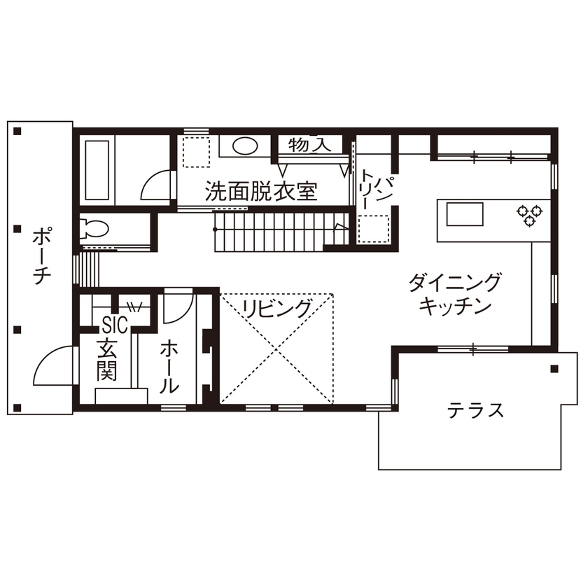 mito HOUSE（美都住販） 【2000万円台|間取り図有|断熱等級6】書斎とリビングを吹抜けが緩やかにつなぐ、開放的なアメリカンハウスの間取り図（3LDK＋書斎）1階