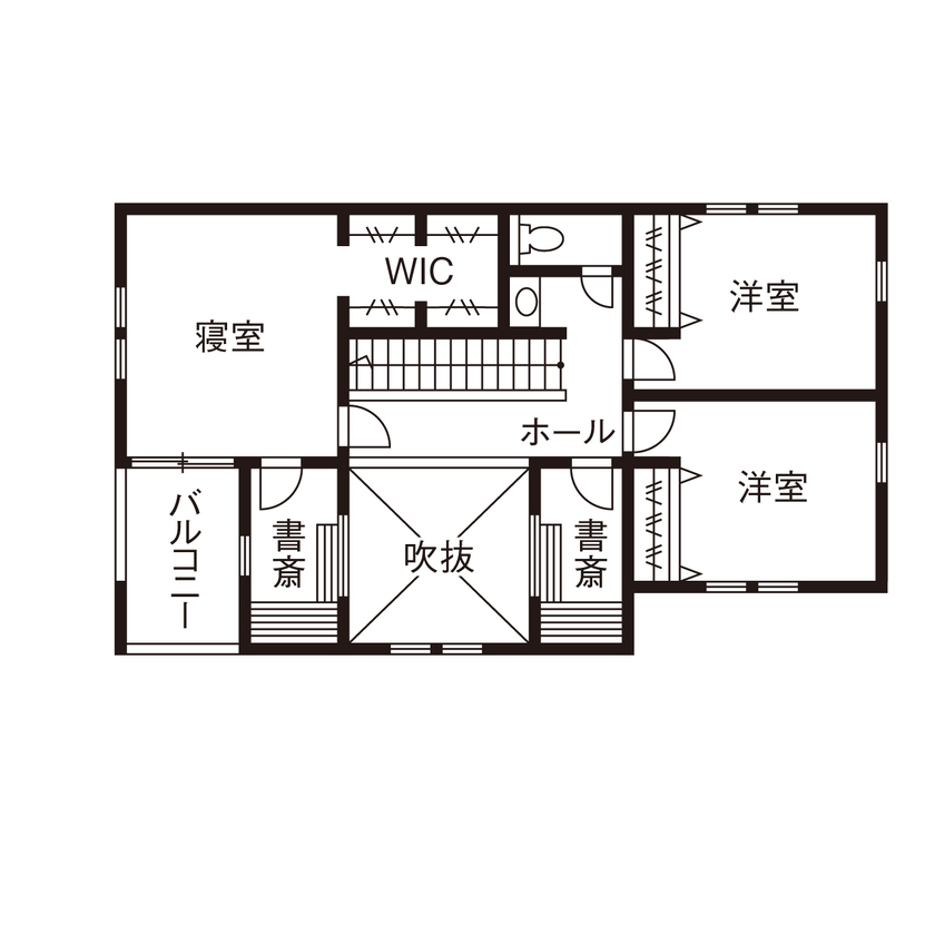 mito HOUSE（美都住販） 【2000万円台|間取り図有|断熱等級6】書斎とリビングを吹抜けが緩やかにつなぐ、開放的なアメリカンハウスの間取り図（3LDK＋書斎）2階