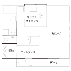 宮崎工務店 【デザイン×2000万円台×土間】玄関一体のLDKは開放感抜群！コの字型キッチンを備えたこだわりカフェ風の家の間取り図（2LDK）1階