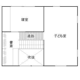 宮崎工務店 【デザイン×2000万円台×土間】玄関一体のLDKは開放感抜群！コの字型キッチンを備えたこだわりカフェ風の家の間取り図（2LDK）2階