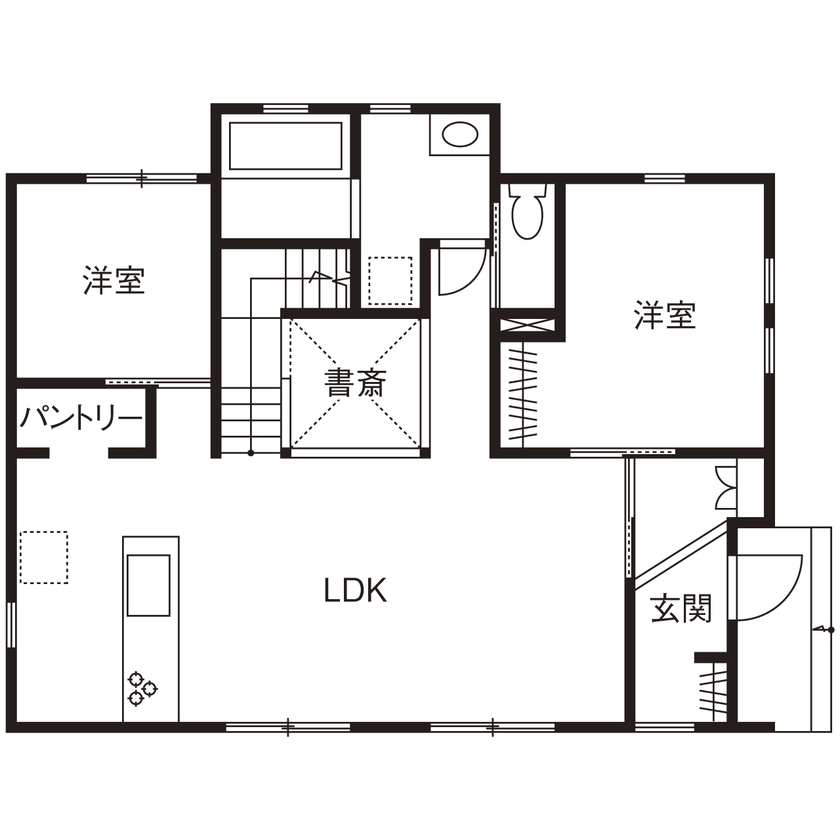 宮崎工務店 【四日市市｜2000万円台｜間取り有】家の中心にスキップフロア！見晴らしのいい眺めを楽しむ２階バルコニーの間取り図（4LDK＋フリースペース）１階