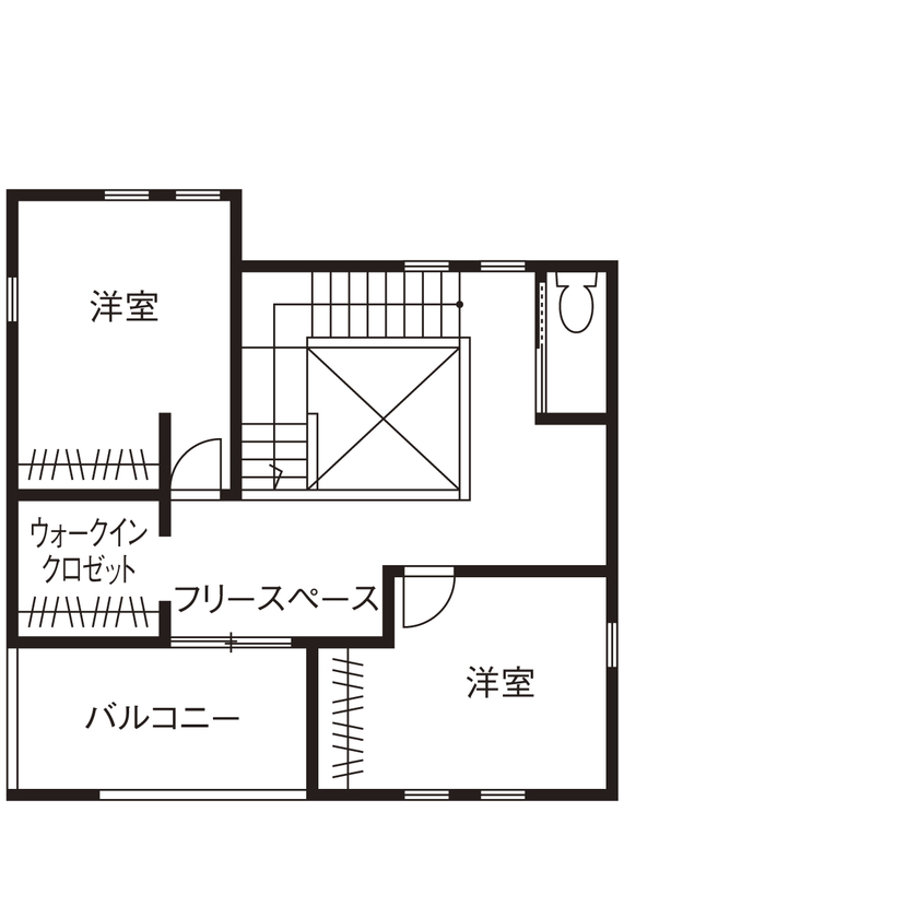 宮崎工務店 【四日市市｜2000万円台｜間取り有】家の中心にスキップフロア！見晴らしのいい眺めを楽しむ２階バルコニーの間取り図（4LDK＋フリースペース）２階
