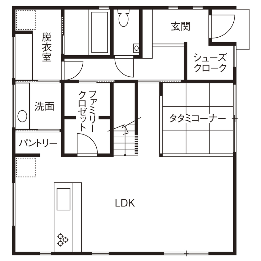宮崎工務店 【三重県｜3000万円台｜間取り有】家事ラクのカギは「ファミクロ」。太陽光発電＋蓄電池で省エネ性もUPの間取り図（3LDK＋タタミコーナー）１階