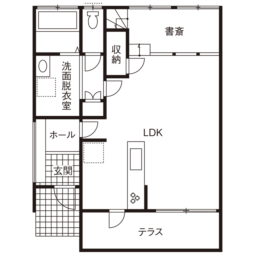トスコ 【瀬戸市/1000万円台/30坪台/3LDK/スクエアの外観/間取り図】外と内からの目線を計算。土地を活かした設計の間取り図（3LDK+書斎）1階