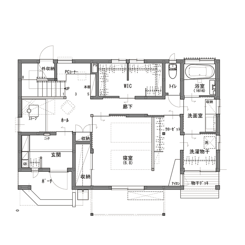 サイト工業　はぐくみの木の家(宮城・福島） 【2200万円/間取り図有/薪ストーブのある家】開放的な２階リビングと木の温もり、薪ストーブがある家。の間取り図（2LDK(3LDK対応)）1階