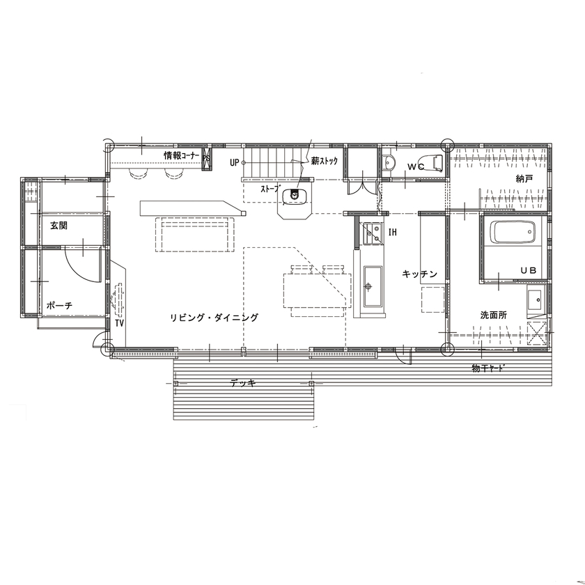 サイト工業　はぐくみの木の家(宮城・福島） 【2100万円/間取り図有】一年中快適で暖かくて、家族の絆もはぐくむ「薪ストーブ」の家の間取り図（2LDK(3LDK対応)）1階
