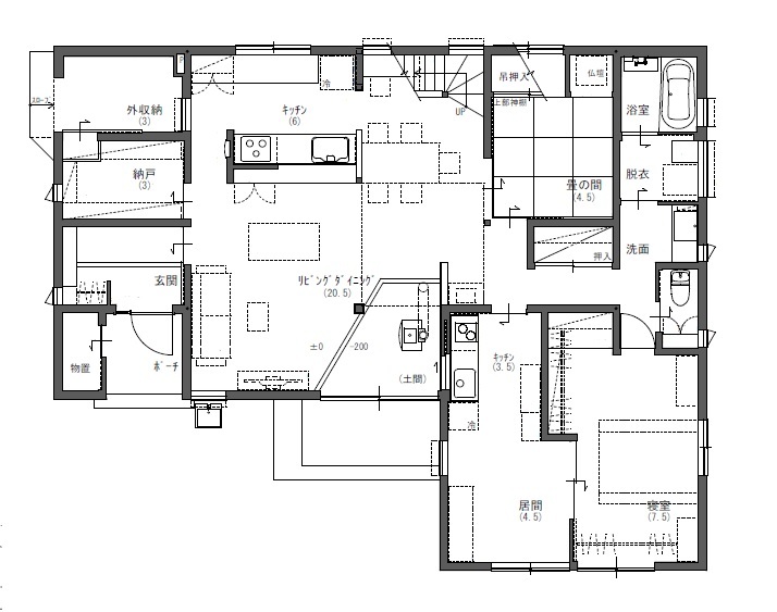 サイト工業　はぐくみの木の家(宮城・福島） 【3500万円/間取り図有】お風呂以外の住宅設備を親世帯と子世帯それぞれに設けた2世帯住宅の住まいの間取り図（5K以上）1階