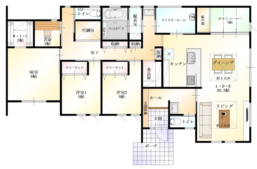 エースホーム太田店（白石建設） 【太田市/3542万円/37.0坪】全館空調と制震SW工法を採用した外観にこだわった平屋の住まいの間取り図（3LDK+畳コーナー）1階