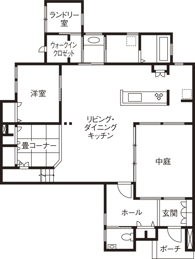 住友林業 【50坪台/間取り図有/吹抜】広い中庭＋大開口の吹き抜け　視線を遮り、空を楽しむ都市の家の間取り図null1階