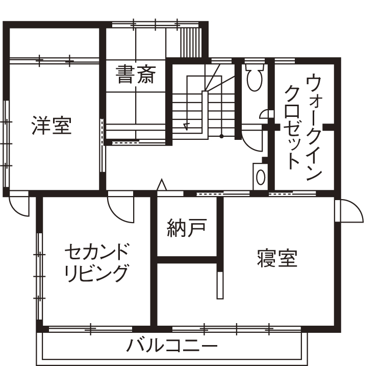 住友林業 【約40坪/間取り図有/ウッドデッキ】南に開けた高台ゆえの光と風、眺望　自然の心地よさを楽しめる家の間取り図null2階