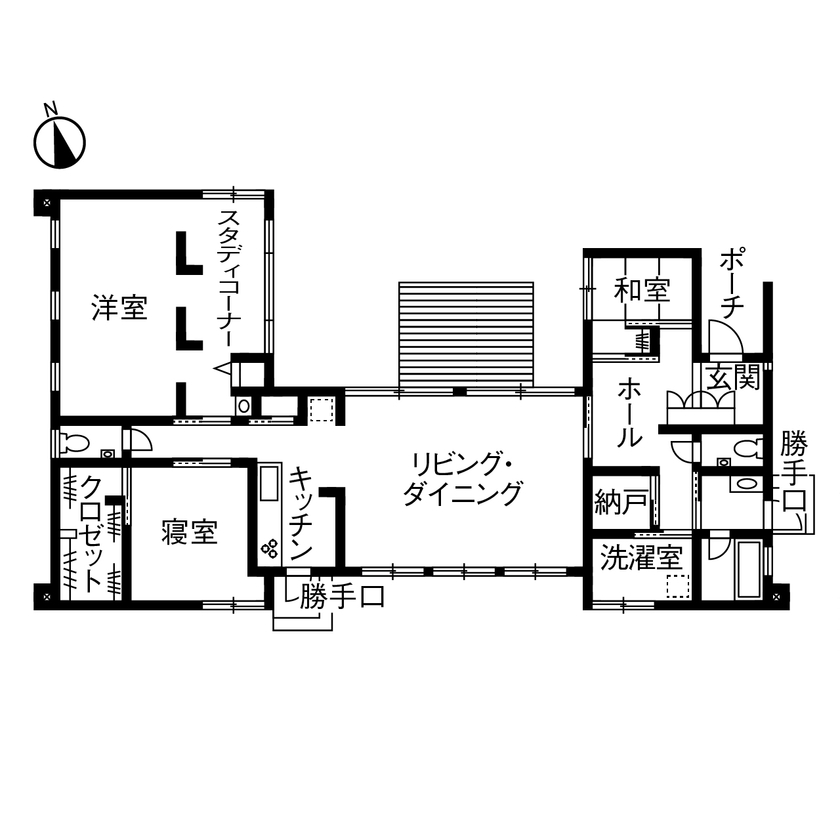住友林業 【約40坪/間取り図有/平屋】庭を楽しみ、母屋の親世帯ともつながる。理想的な距離感をかなえた暮らしの間取り図（3LDK）１階