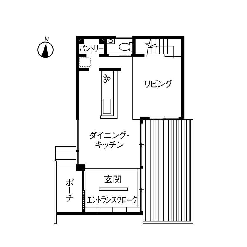 住友林業 【約30坪/間取り図有/ウッドデッキ】玄関土間や階段もLDKと一体に…木の心地よさに包まれた暮らしの間取り図（2LDK）１階