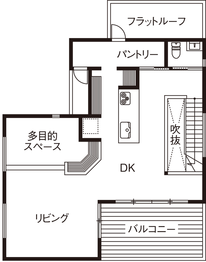 藤島建設 【4000万円台/2階LDK/ルーフバルコニー】子育てを楽しめて、スタイリッシュなデザインも愉しめる家の間取り図（3LDK）2階