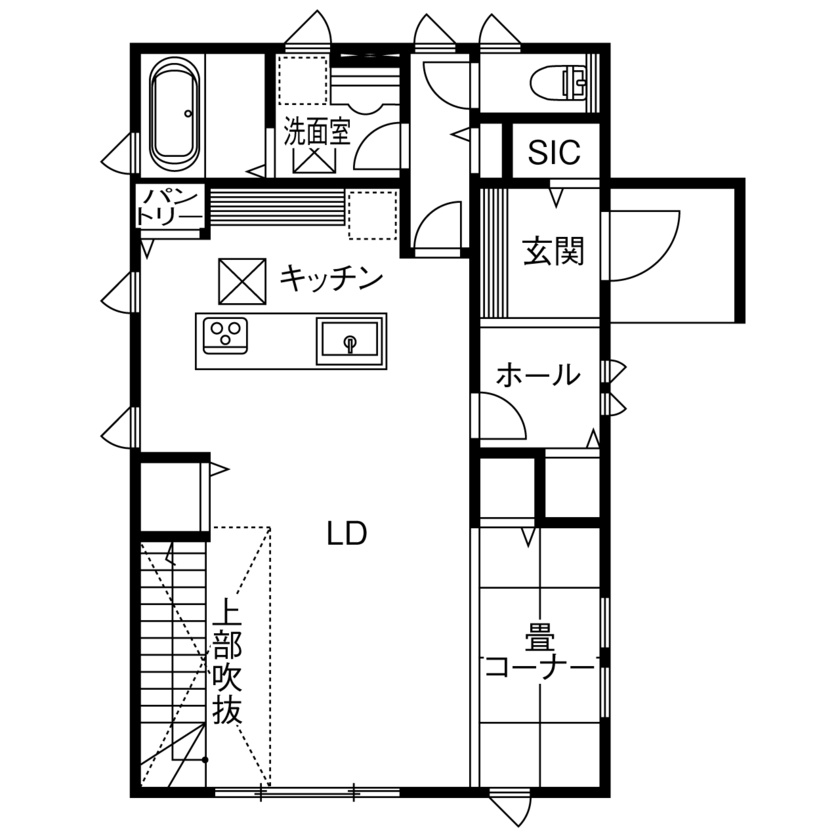 フレスコ 【1700万円／吹き抜け／スカイバルコニー／間取図あり】スカイバルコニーの開放感ときれいな空気を楽しむ家の間取り図（2LDK）1階