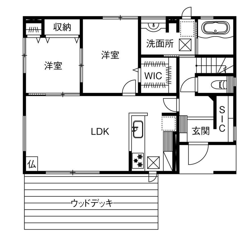 フレスコ 【2000万円／デッキ／二世帯／間取図あり】無垢材の温もりに包まれた、カントリーテイストの二世帯住宅の間取り図（5K以上）1階