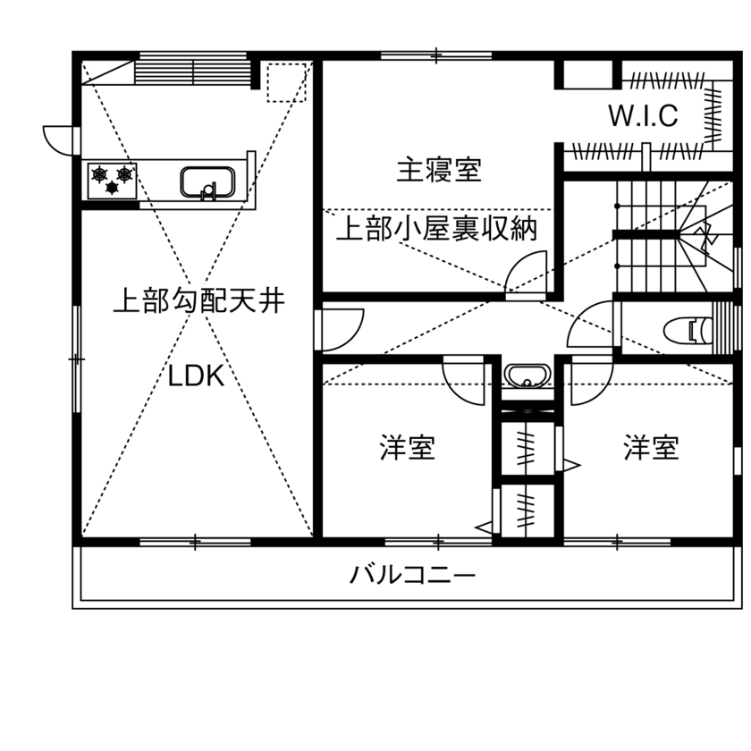 フレスコ 【2000万円／デッキ／二世帯／間取図あり】無垢材の温もりに包まれた、カントリーテイストの二世帯住宅の間取り図（5K以上）2階