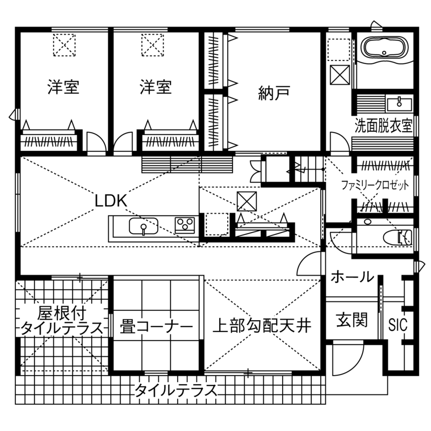 フレスコ 【2000万円／平屋／間取図あり】木の温もりとヴィンテージなインテリアを楽しむ平屋の間取り図（2LDK＋納戸+小屋裏）1階