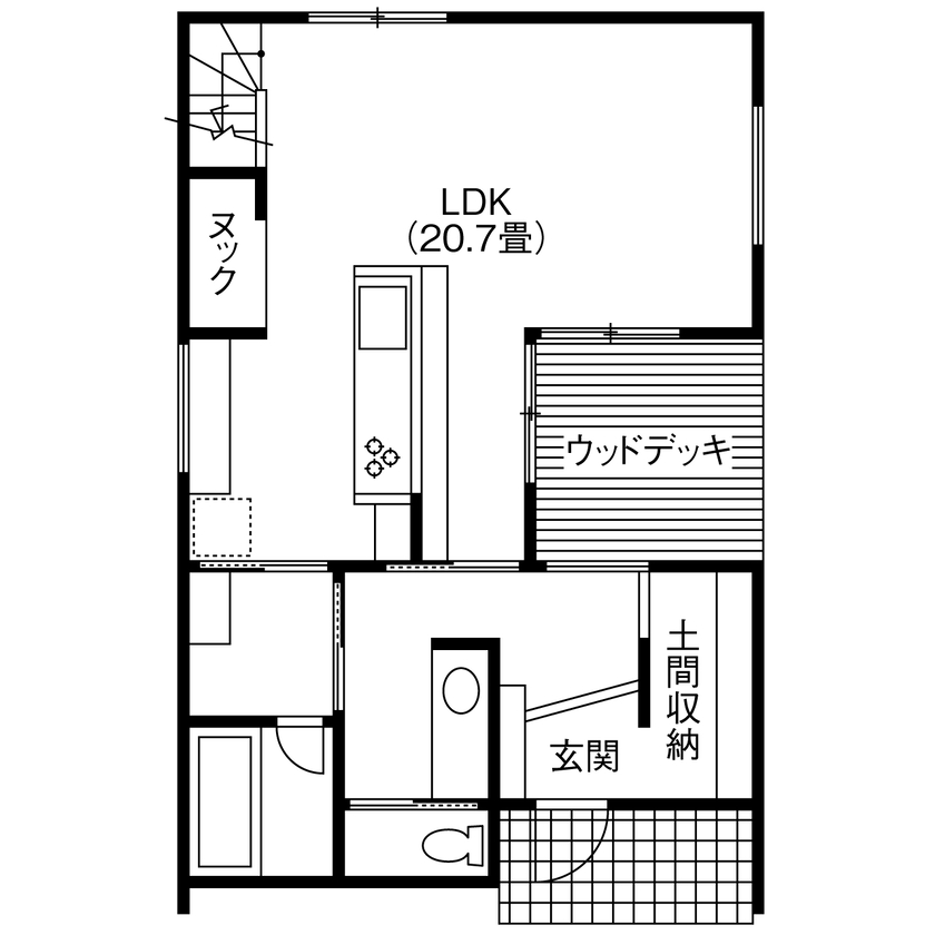 LIGhome 小牧・春日井(リグホーム) 【間取り図有｜2100万円台｜3LDK｜中庭｜ヌック】カーテンレスで暮らせる、仲良し家族のコの字型の家の間取り図（3LDK）1階