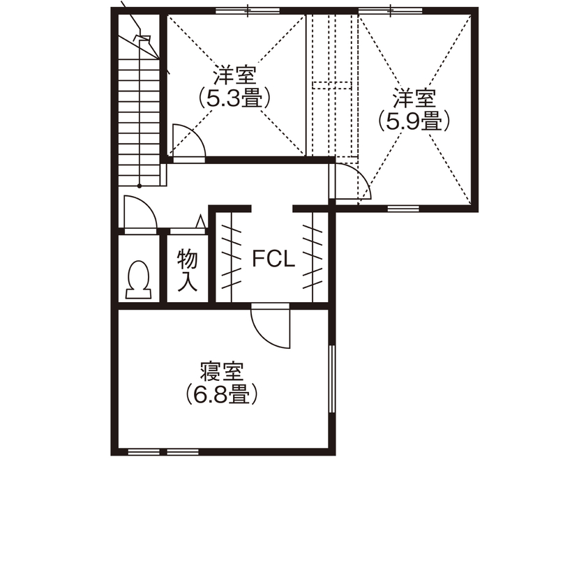 LIGhome 小牧・春日井(リグホーム) 【間取り図有｜2100万円台｜3LDK｜中庭｜ヌック】カーテンレスで暮らせる、仲良し家族のコの字型の家の間取り図（3LDK）2階