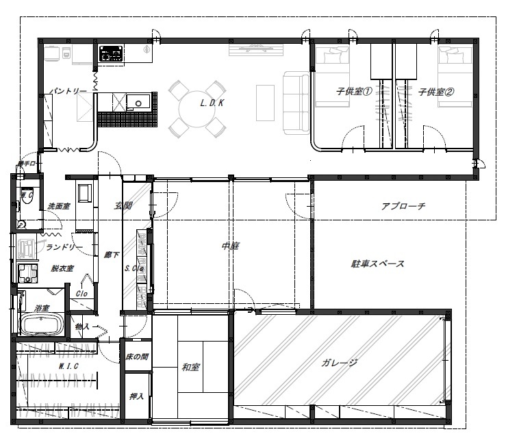 あおぞら工務店（アオゾラコウムテン一級建築士事務所） 【42坪/4000万円台/間取り図有】中庭を中心とした、ミッドセンチュリーモダンスタイルなコの字の平屋の間取り図（3LDK）1階