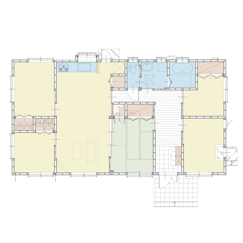 アイダ設計 【平屋/20坪台/間取り図有/家事ラク動線】老後も考えた5LDKのバリアフリー住宅の間取り図（5K以上）1階