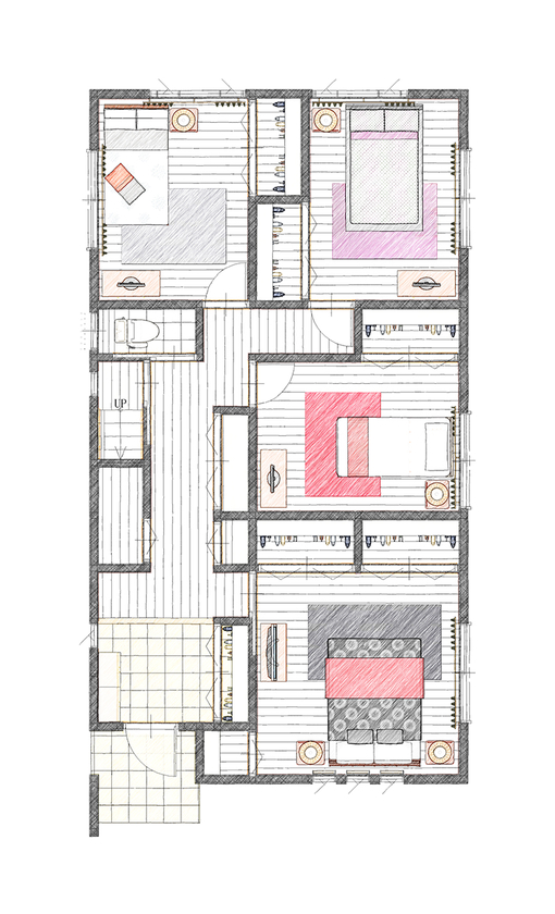 アイダ設計 【間取り図有/40坪台/2階リビング】7坪のバルコニーは多目的に使えるおしゃれスペースの間取り図（5K以上）1階
