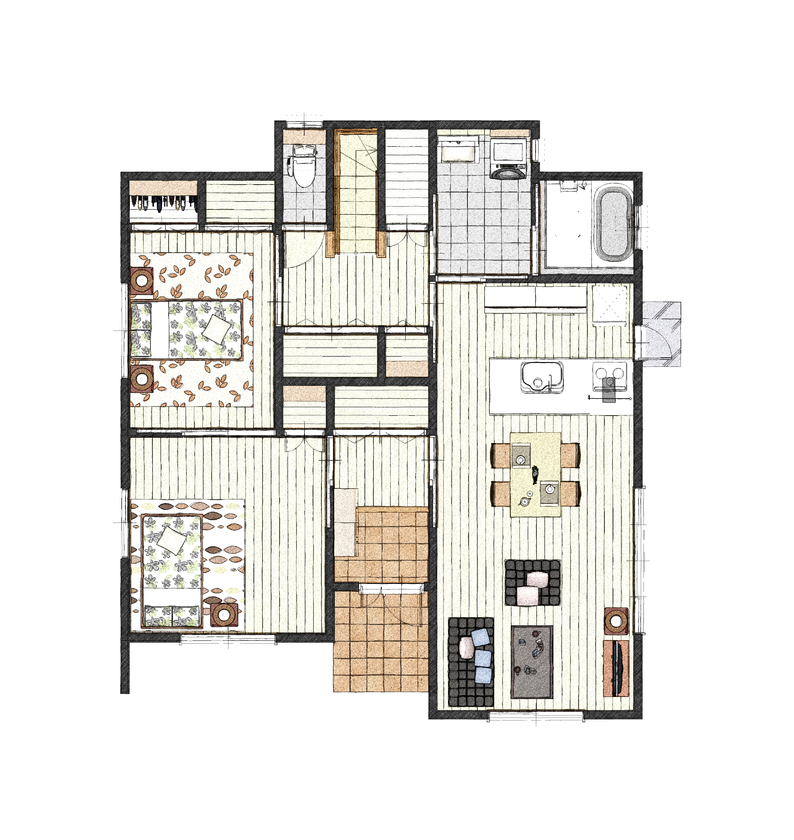アイダ設計 【間取り図有/40坪台/2世帯住宅/小屋裏収納】回遊動線を考慮しプライベートを守る共有タイプの間取の間取り図（5K以上）1階