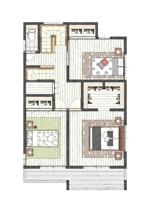 アイダ設計 【間取り図有/40坪台/2世帯住宅/小屋裏収納】回遊動線を考慮しプライベートを守る共有タイプの間取の間取り図（5K以上）2階