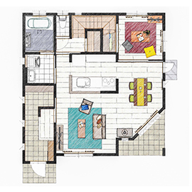 アイダ設計 【間取り図有/30坪台/テラス/耐震・耐火/小屋裏収納/玄関収納】ご主人の要望を詰め込んだ理想の住宅の間取り図（5K以上）1階