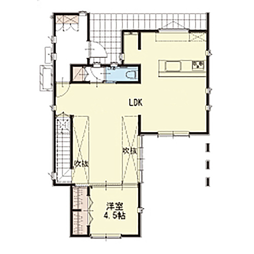 アイダ設計 【間取り図有/30坪台/吹抜け/オール電化】こだわりのキッチン・独創的で開放的なリビングの間取り図（3LDK）1階