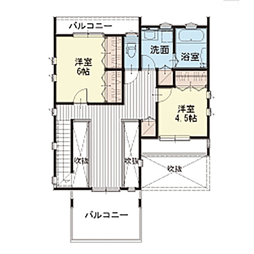 アイダ設計 【間取り図有/30坪台/吹抜け/オール電化】こだわりのキッチン・独創的で開放的なリビングの間取り図（3LDK）2階