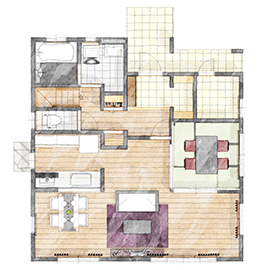 アイダ設計 【間取り図有/30坪台/広々リビング】家族の理想がつまった、趣味を楽しむ南欧風の家の間取り図（4LDK）１階