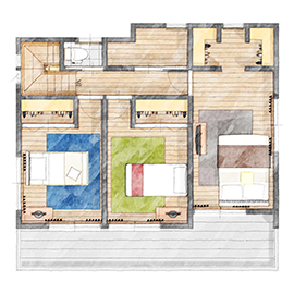 アイダ設計 【間取り図有/30坪台/広々リビング】家族の理想がつまった、趣味を楽しむ南欧風の家の間取り図（4LDK）２階