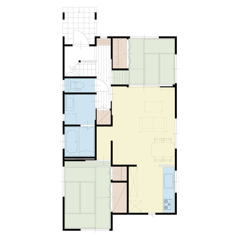 アイダ設計 【間取り図有/30坪台/収納充実】デッドスペースを有効活用した高気密・高断熱な二世帯住宅の間取り図（4LDK）1階