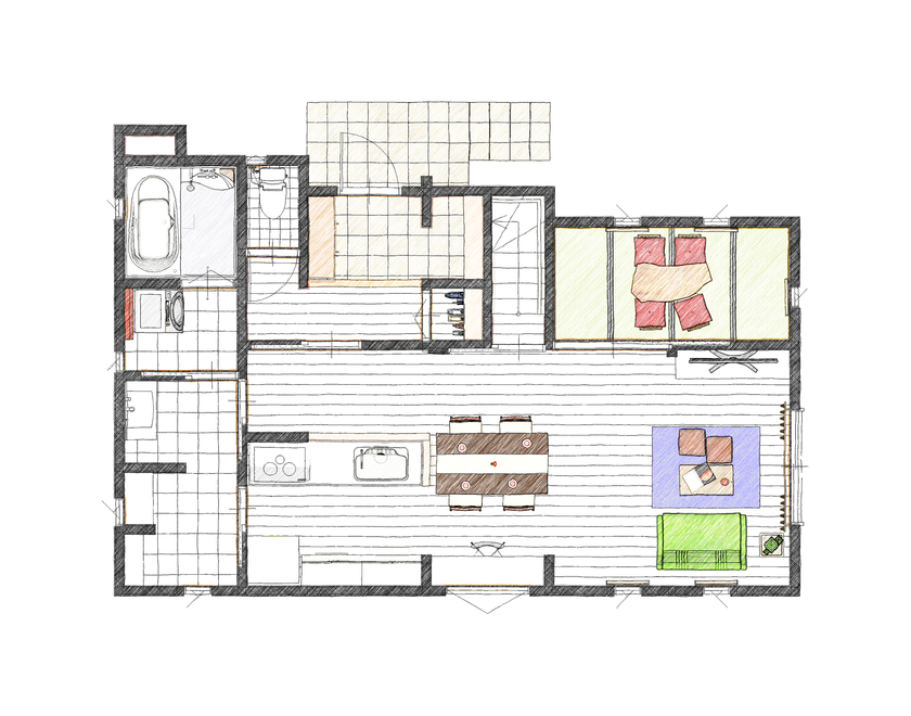 アイダ設計 【ZEH/間取り図有/30坪台/太陽光発電/オール電化】断熱性が自慢のゼロエネルギーハウスの間取り図（4LDK）1階