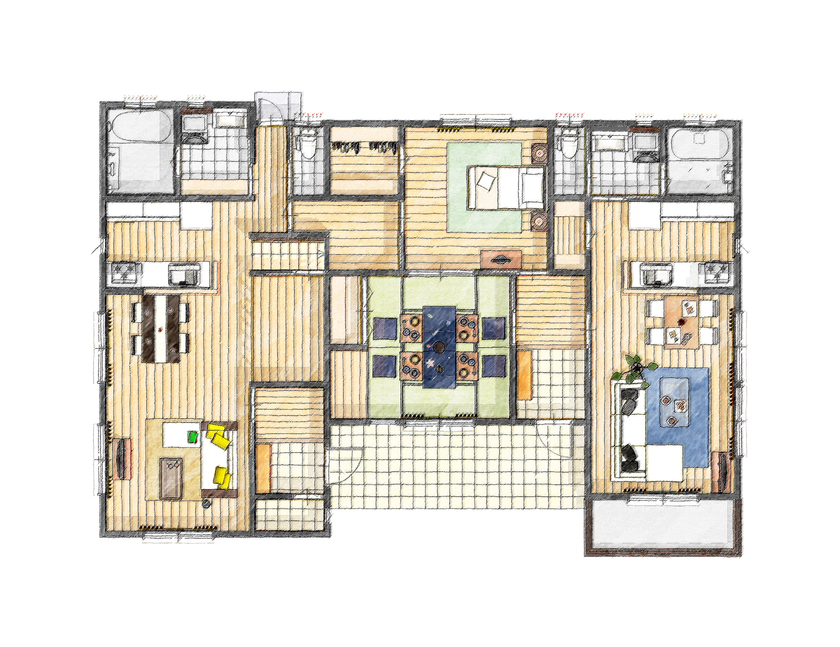 アイダ設計 【二世帯分離型/間取り図有/家事ラク動線】子どもとペットのことを考えたオール電化の二世帯住宅の間取り図（5K以上）1階