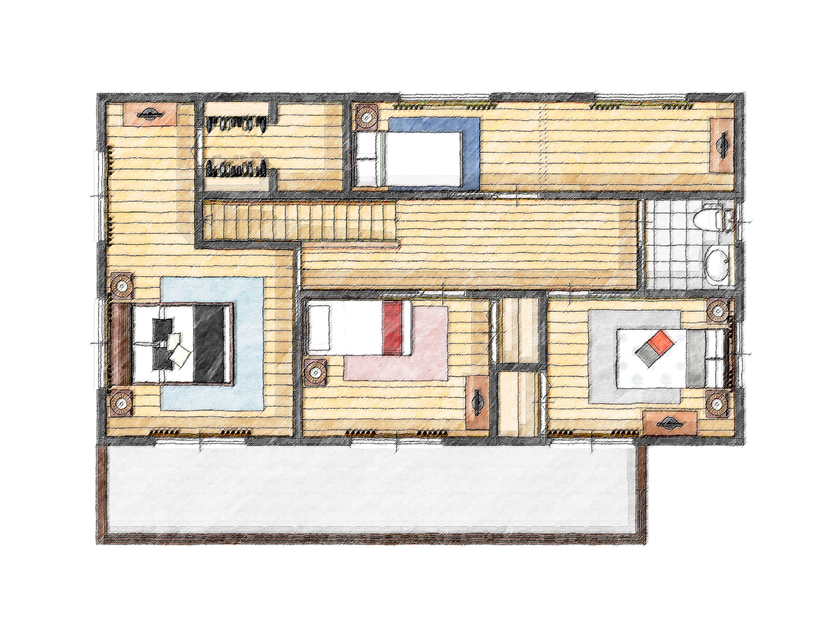 アイダ設計 【二世帯分離型/間取り図有/家事ラク動線】子どもとペットのことを考えたオール電化の二世帯住宅の間取り図（5K以上）2階