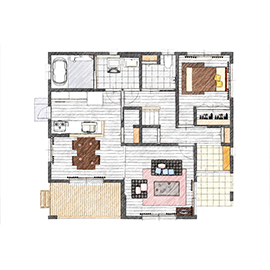 アイダ設計 【太陽光パネル/30坪台/吹き抜け/間取り図】ダイニングから広がるウッドデッキで遊び心のある住まいの間取り図（4LDK）1階