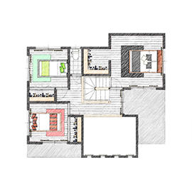 アイダ設計 【太陽光パネル/30坪台/吹き抜け/間取り図】ダイニングから広がるウッドデッキで遊び心のある住まいの間取り図（4LDK）2階