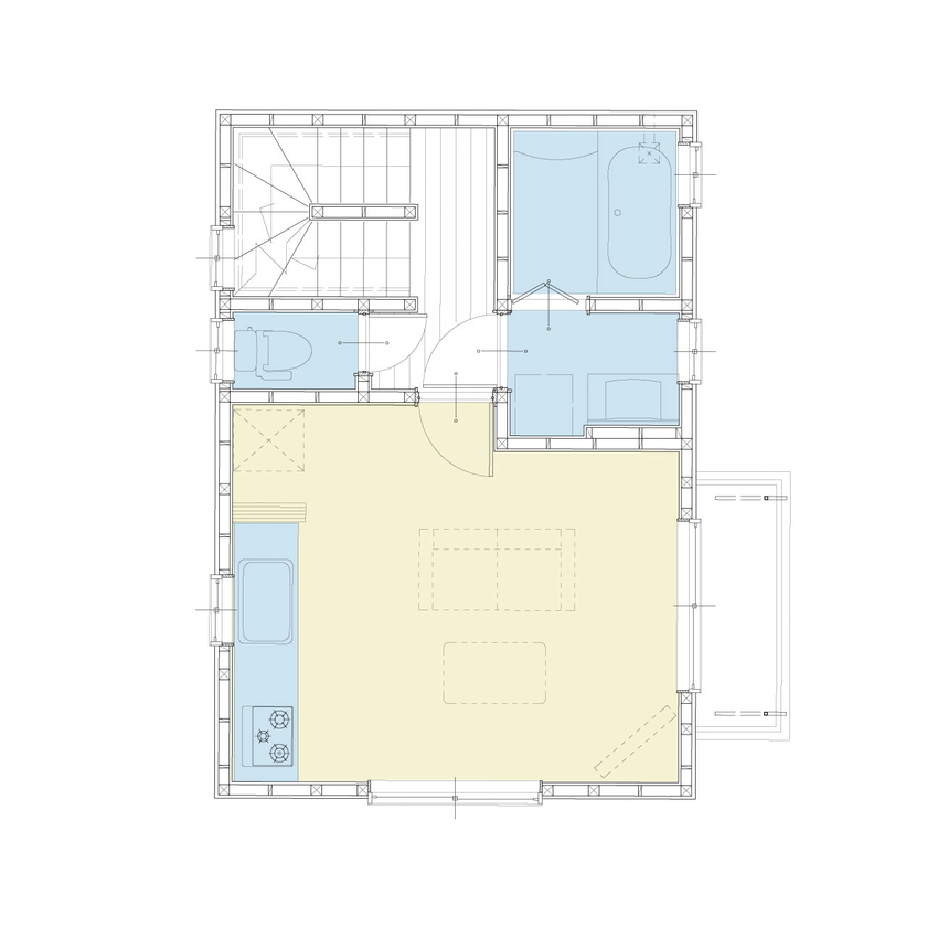 アイダ設計 【狭小地/3階建て/間取り図有/20坪台/耐震】約15坪の狭小地に建てた3階建ての事務所兼住宅の間取り図（3LDK）2階